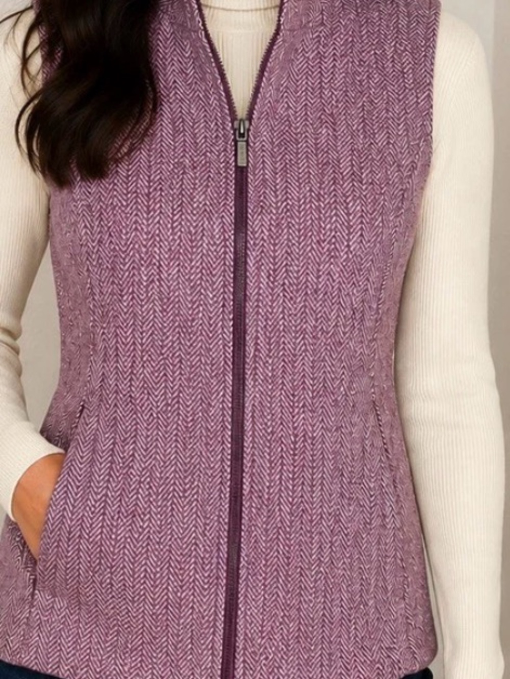 Coldwater Creek Herringbone Pink & Ivory Zip-Front Knit Vest Sweater